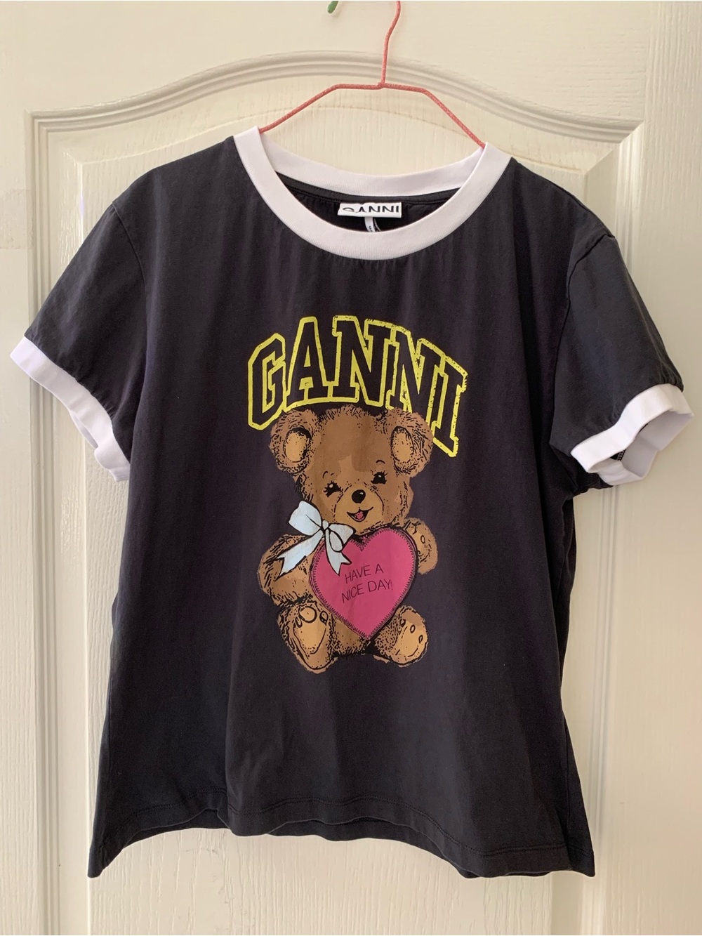 GANNI women Black Teddy Graphic Ringer Tee XL